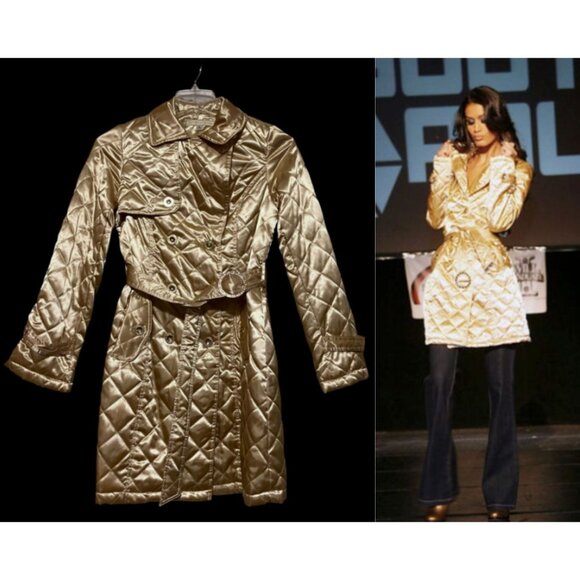 Y2K South Pole Quilted Trench Coat M Gold Belt McBling ASO Jaslene Gonzalez ANTM - Picture 1 of 14